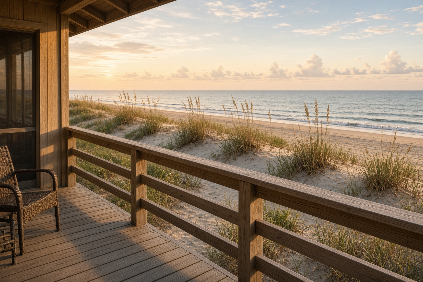 Wooden deck railing overlooking dunes and sea oats on Crystal Beach, Bolivar Peninsula
