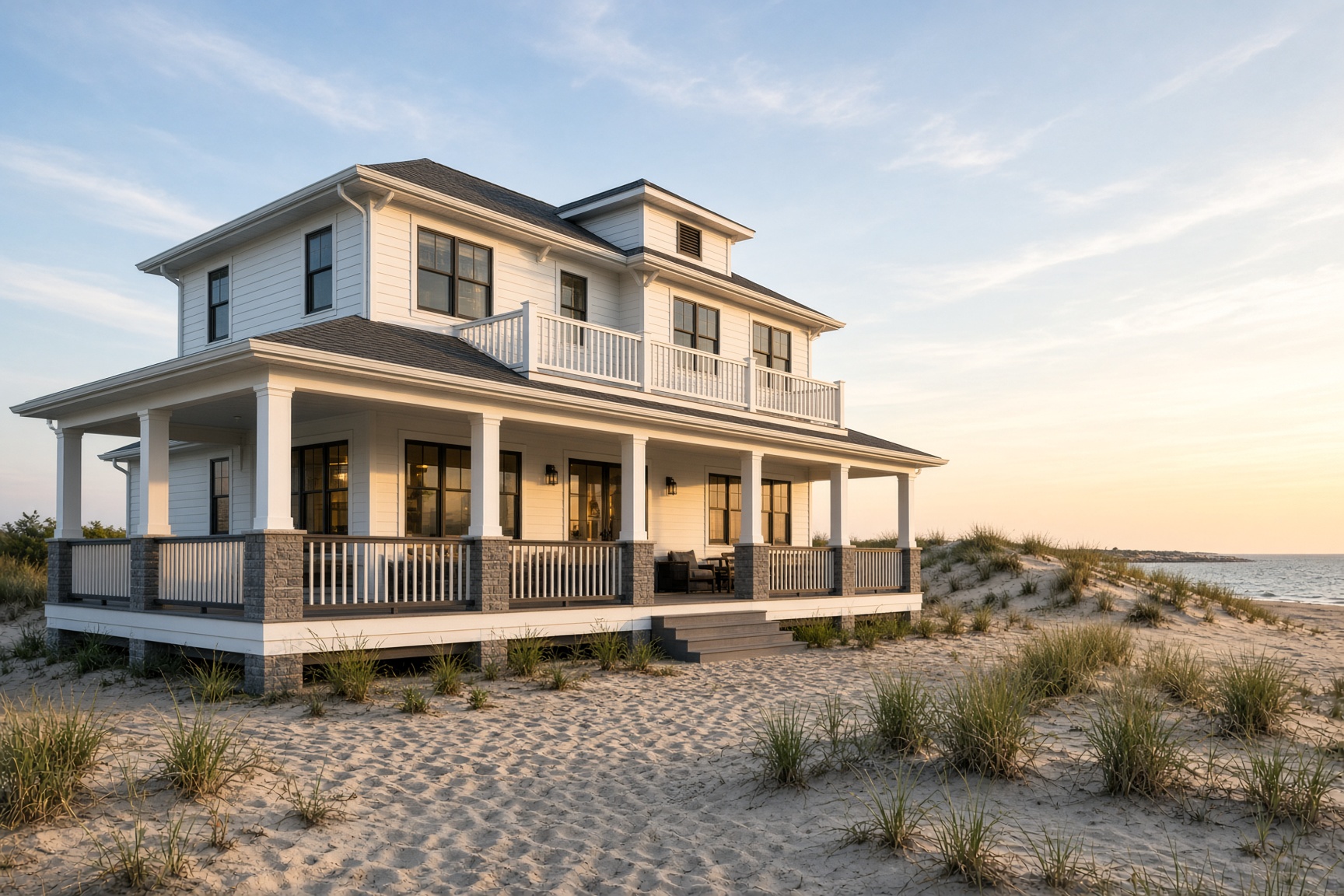 Two-story white Gulf house with a wraparound porch set in the dunes at golden hour