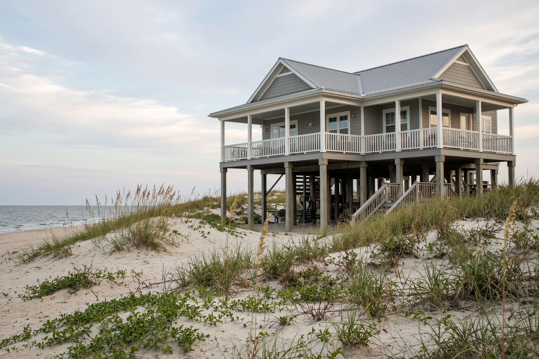 Gray raised beach house on pilings with a white-railed porch above the dunes on the Bolivar Peninsula